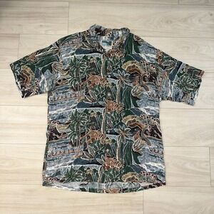VINTAGE Cooke Street‎ Hawaiian Shirt Mens XL Blue Green Rayon USA Made Rare ART
